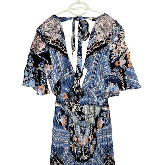 Free People Coco Printed Maxi Dress Blue Black Open Back Small - Picture 9 of 15